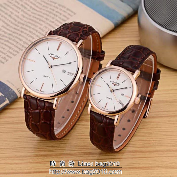 LONGINES浪琴 牛皮錶帶石英情侶對表  WSS1859